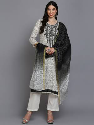 off white color embroidered pure cotton styles kurta trouser with dupatta 1