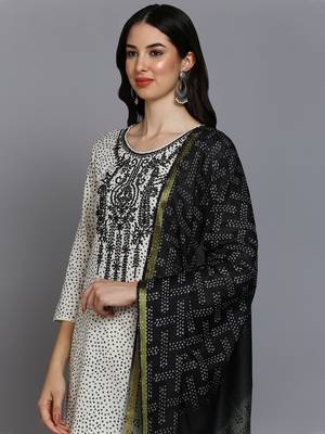 off white color embroidered pure cotton styles kurta trouser with dupatta 2