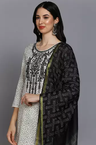 off white color embroidered pure cotton styles kurta trouser with dupatta