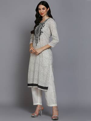 off white color embroidered pure cotton styles kurta trouser with dupatta 3
