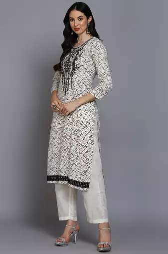 off white color embroidered pure cotton styles kurta trouser with dupatta