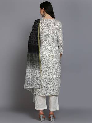 off white color embroidered pure cotton styles kurta trouser with dupatta 4