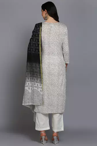 off white color embroidered pure cotton styles kurta trouser with dupatta