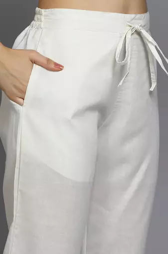 off white color embroidered pure cotton styles kurta trouser with dupatta