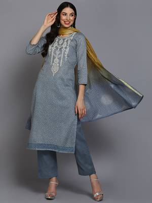 grey color embroidered pure cotton styles kurta trouser with dupatta 1