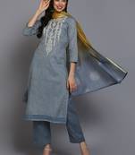 grey color embroidered pure cotton styles kurta trouser with dupatta