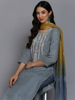 grey color embroidered pure cotton styles kurta trouser with dupatta 2