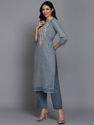 grey color embroidered pure cotton styles kurta trouser with dupatta 3