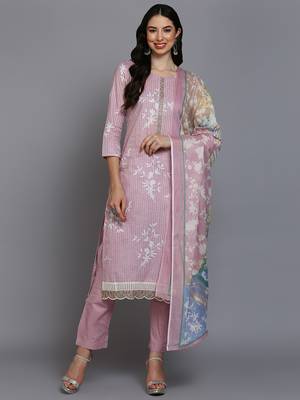 pink color printed cotton blend styles kurta trouser with dupatta 1