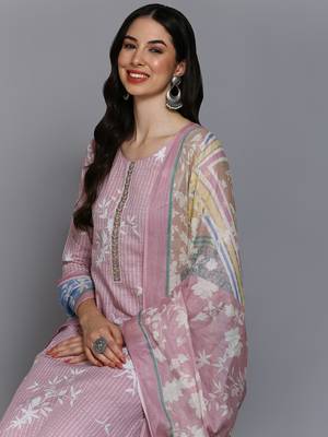 pink color printed cotton blend styles kurta trouser with dupatta 2