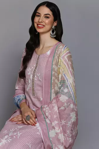 pink color printed cotton blend styles kurta trouser with dupatta