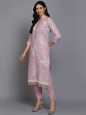 pink color printed cotton blend styles kurta trouser with dupatta 3