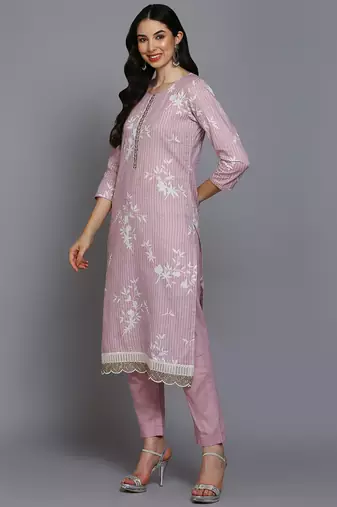 pink color printed cotton blend styles kurta trouser with dupatta