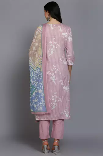 pink color printed cotton blend styles kurta trouser with dupatta