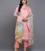 peach color printed cotton blend styles kurta trouser with dupatta