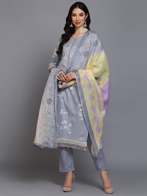 grey color printed cotton blend styles kurta trouser with dupatta 1