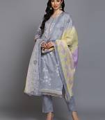 grey color printed cotton blend styles kurta trouser with dupatta