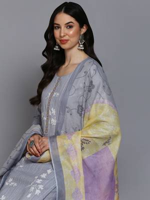 grey color printed cotton blend styles kurta trouser with dupatta 2