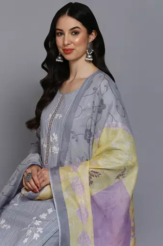 grey color printed cotton blend styles kurta trouser with dupatta
