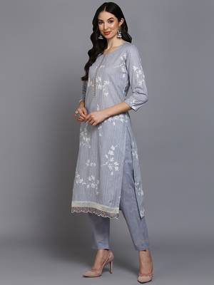 grey color printed cotton blend styles kurta trouser with dupatta 3