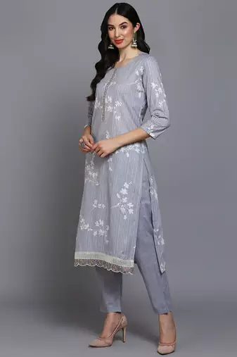 grey color printed cotton blend styles kurta trouser with dupatta