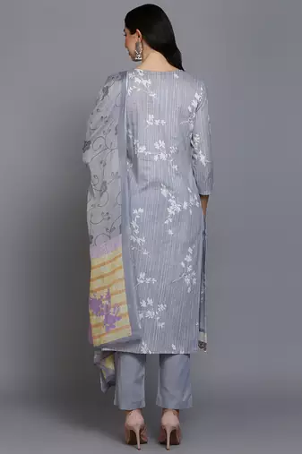 grey color printed cotton blend styles kurta trouser with dupatta