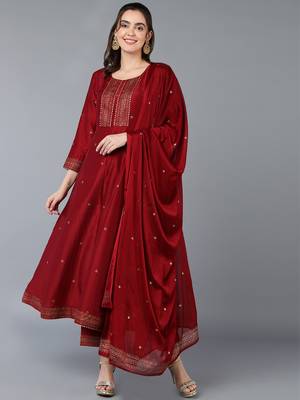 ahika maroon color solid silk blend styles kurta trouser with dupatta 1