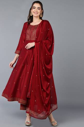 ahika maroon color solid silk blend styles kurta trouser with dupatta