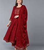 ahika maroon color solid silk blend styles kurta trouser with dupatta