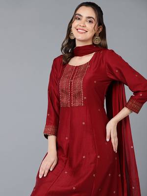 ahika maroon color solid silk blend styles kurta trouser with dupatta 2