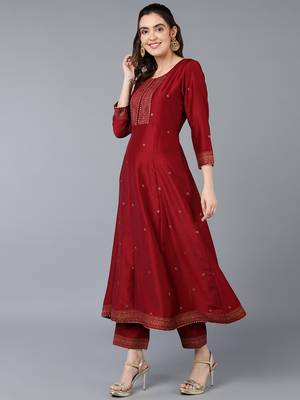 ahika maroon color solid silk blend styles kurta trouser with dupatta 3