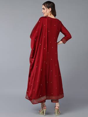 ahika maroon color solid silk blend styles kurta trouser with dupatta 4
