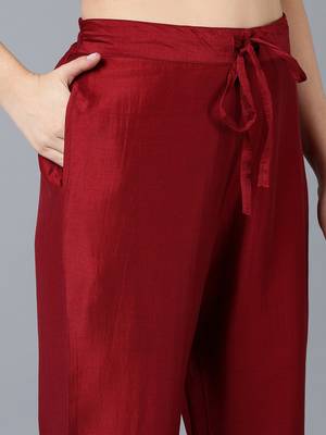 ahika maroon color solid silk blend styles kurta trouser with dupatta 5