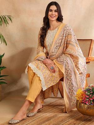 yellow color embroidered cotton blend styles kurta trouser with dupatta 2