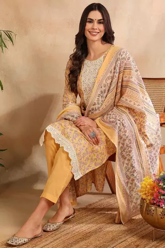 yellow color embroidered cotton blend styles kurta trouser with dupatta