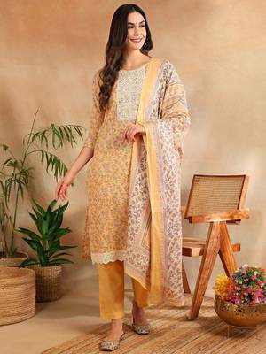 yellow color embroidered cotton blend styles kurta trouser with dupatta 1