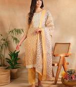 yellow color embroidered cotton blend styles kurta trouser with dupatta