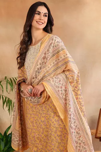 yellow color embroidered cotton blend styles kurta trouser with dupatta