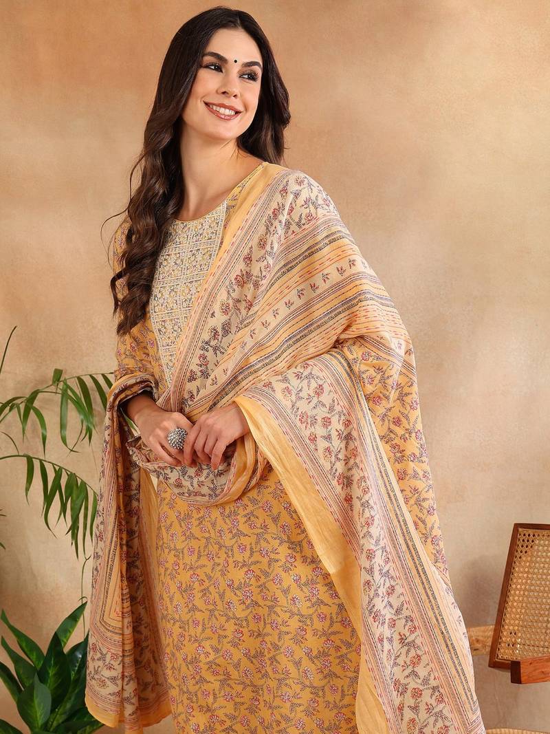 yellow color embroidered cotton blend styles kurta trouser with dupatta