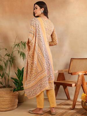 yellow color embroidered cotton blend styles kurta trouser with dupatta 4