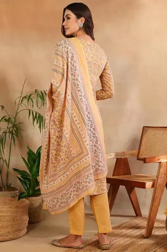 yellow color embroidered cotton blend styles kurta trouser with dupatta