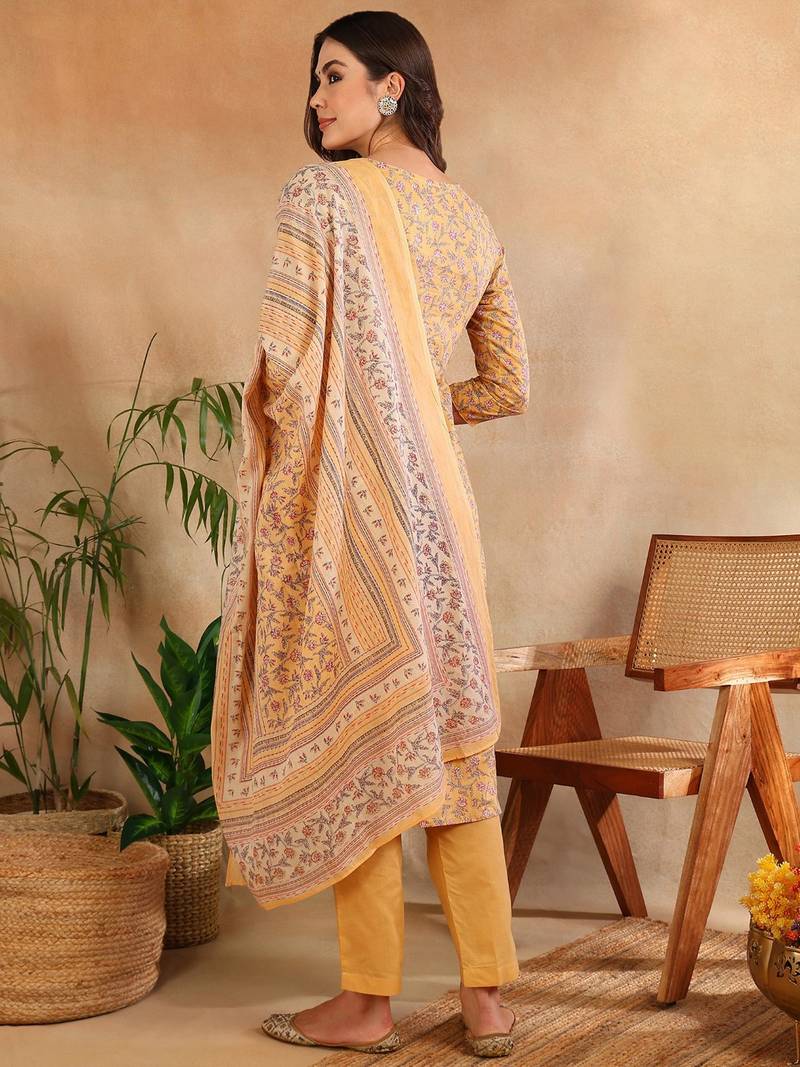 yellow color embroidered cotton blend styles kurta trouser with dupatta