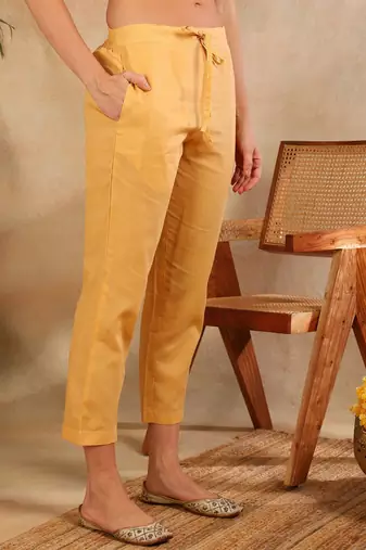 yellow color embroidered cotton blend styles kurta trouser with dupatta