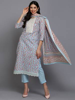 blue color embroidered cotton blend styles kurta trouser with dupatta 1