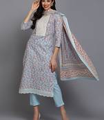 blue color embroidered cotton blend styles kurta trouser with dupatta