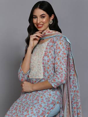 blue color embroidered cotton blend styles kurta trouser with dupatta 2