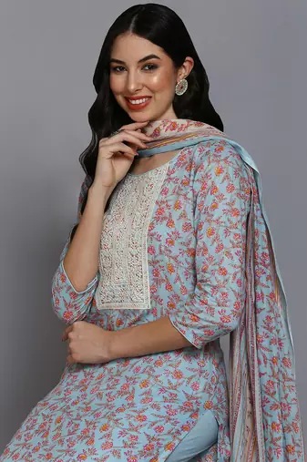 blue color embroidered cotton blend styles kurta trouser with dupatta