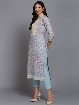 blue color embroidered cotton blend styles kurta trouser with dupatta 3