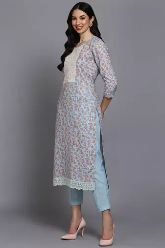 blue color embroidered cotton blend styles kurta trouser with dupatta
