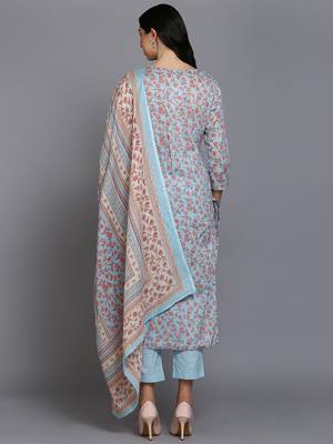 blue color embroidered cotton blend styles kurta trouser with dupatta 4